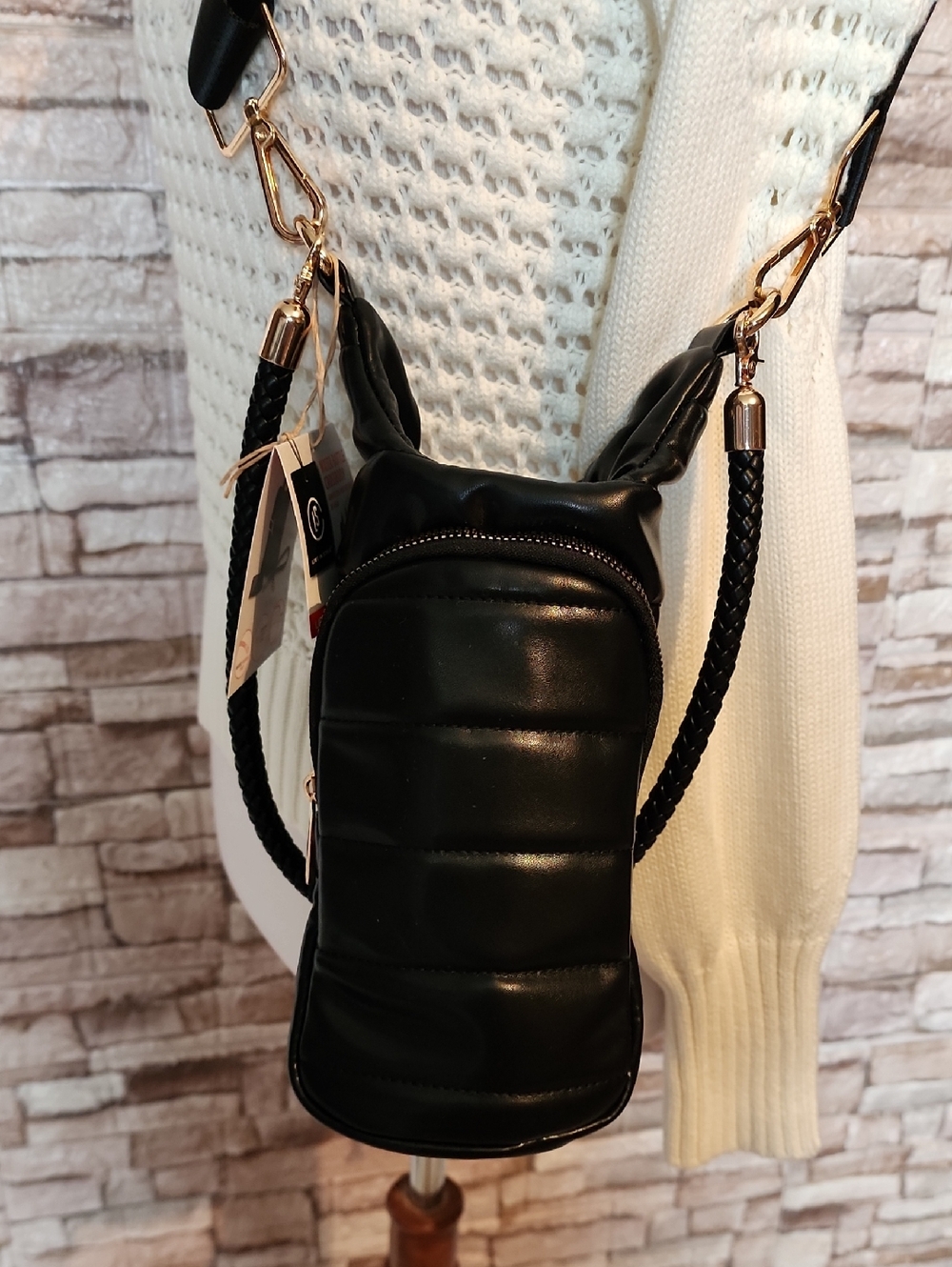 Life In Style Black Quilted Crossbody Water Bottle Bag Brand New
